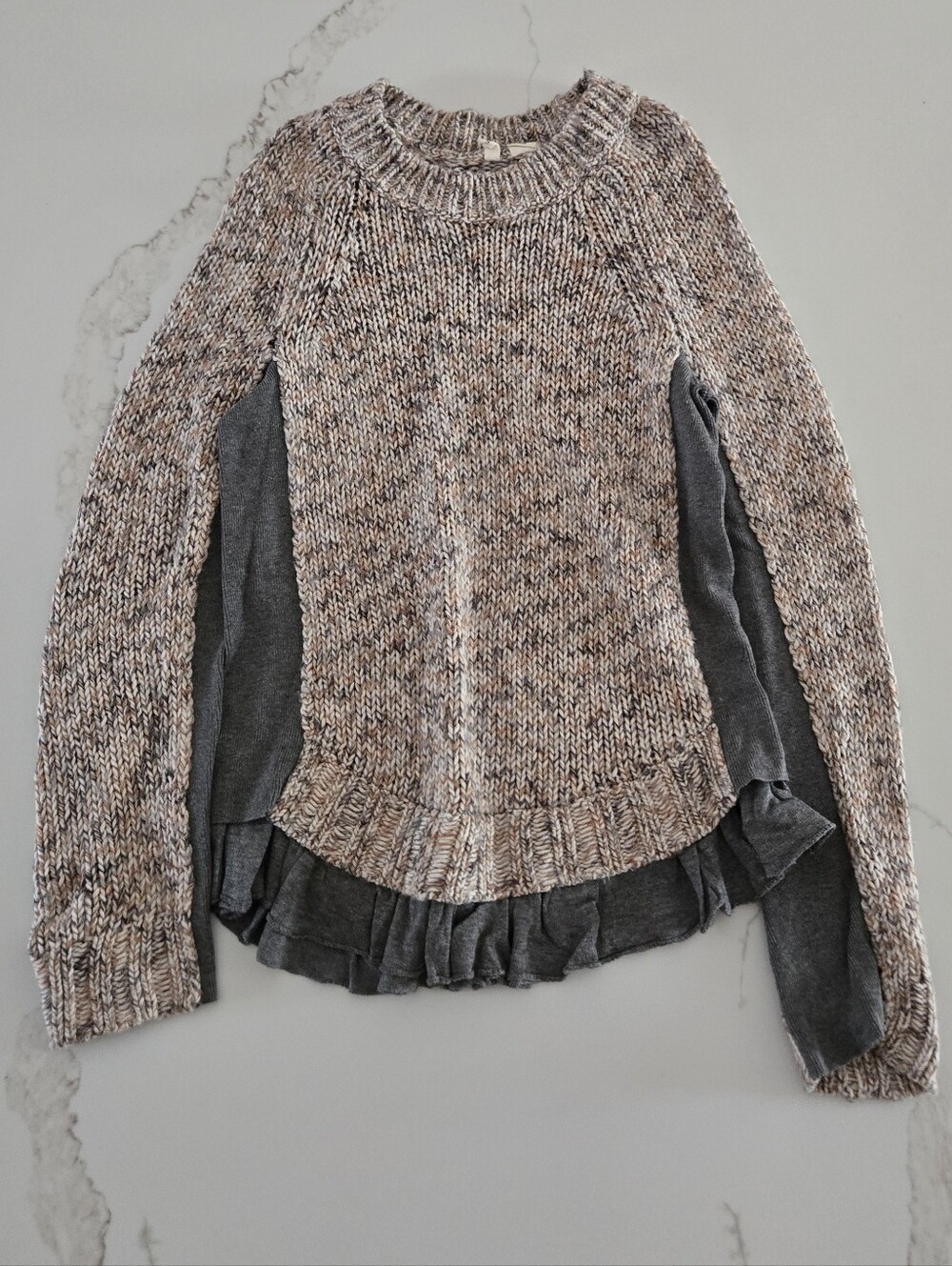 Anthropologie Moth Mixed Knit Ruffle-Hem Sweater in Taupe and Charcoal
